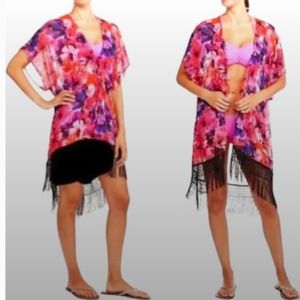 Open Front Floral Fringe Sheer Kimono Colorful Paisley/ Fringe